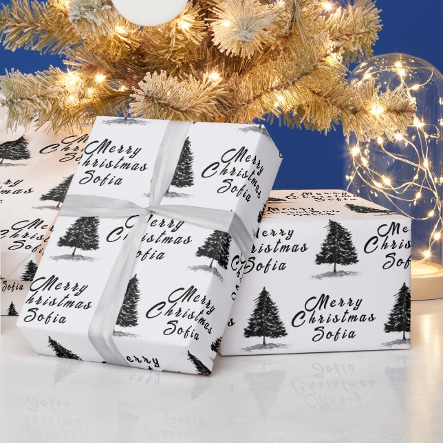 Frohe Weihnachtsnamen Schwarz-weiß Simple Modern Geschenkpapier (Feiertage)