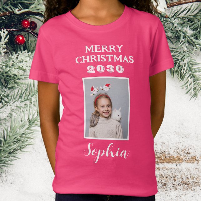 Frohe Weihnachtsnamen und Foto Girls Pink T-Shirt (Christmas Photo - Girls Dark Pink T.Shirt)
