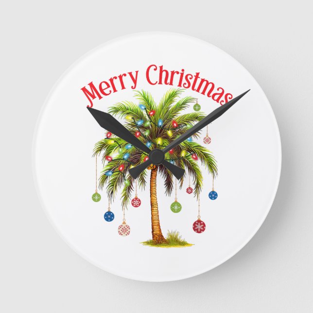Frohe Weihnachtspalme Tree Light Hawaiian Tropical Runde Wanduhr (Vorderseite)