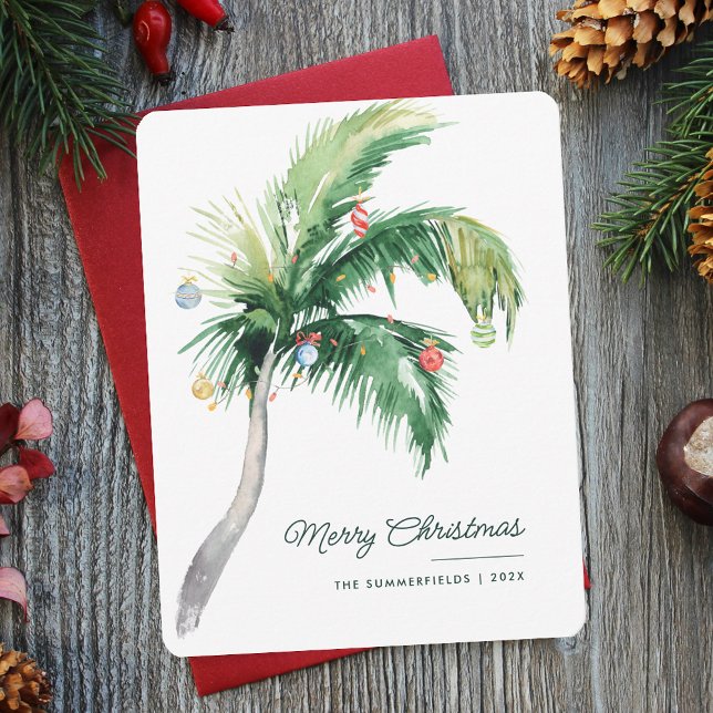 Frohe Weihnachtspalme Tropenküste Mitteilungskarte (Christmas Holidays Moving Announcement Change of Address Palm Tree Script Card)