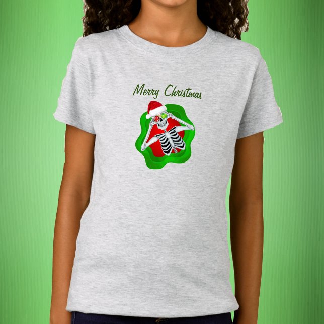 Frohe Weihnachtspass Skeleton Ornaments Weihnachts T-Shirt (Fun Christmas Skeleton in abstract green red blob shape ornaments and Santa Hat on kids tee shirt.)
