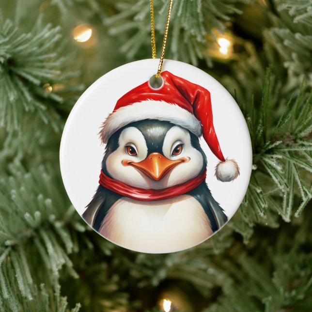 Frohe WeihnachtsPenguin in Weihnachtsmannmütze Sca Keramik Ornament (Baum)