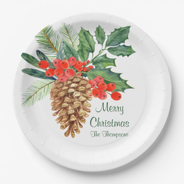 Frohe Weihnachtspine Holly Watercolor Blumenname Pappteller (Vorderseite)