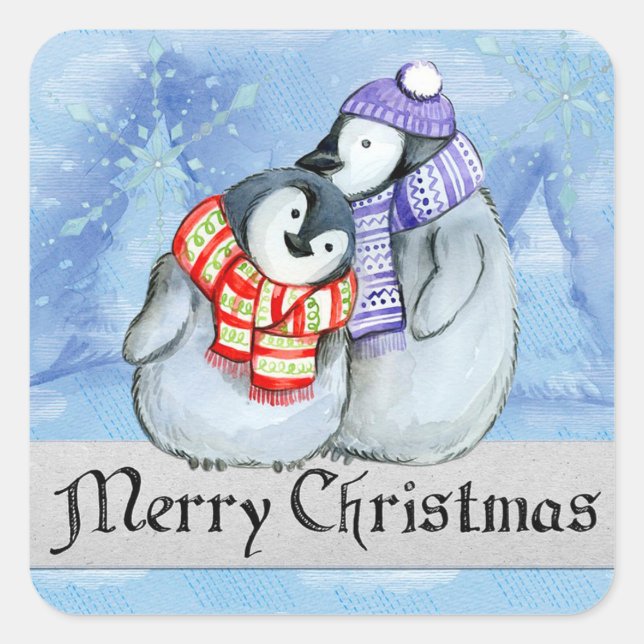 Frohe Weihnachtspinguine Quadratischer Aufkleber (Vorderseite)