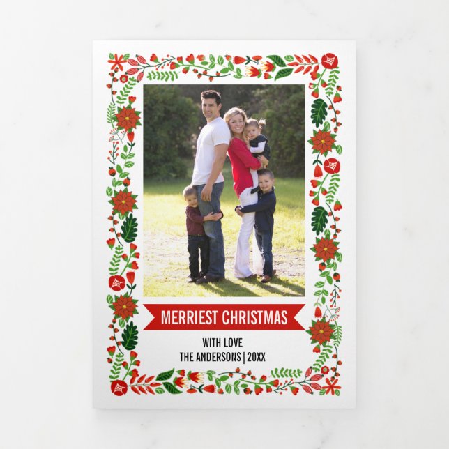 Frohe Weihnachtspoinsettia Blumengrenze Foto Dreifach Gefaltete Urlaubskarte (Cover)