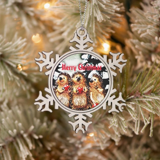 Frohe Weihnachtsporcupine Schneeflocken Zinn-Ornament (Baum)
