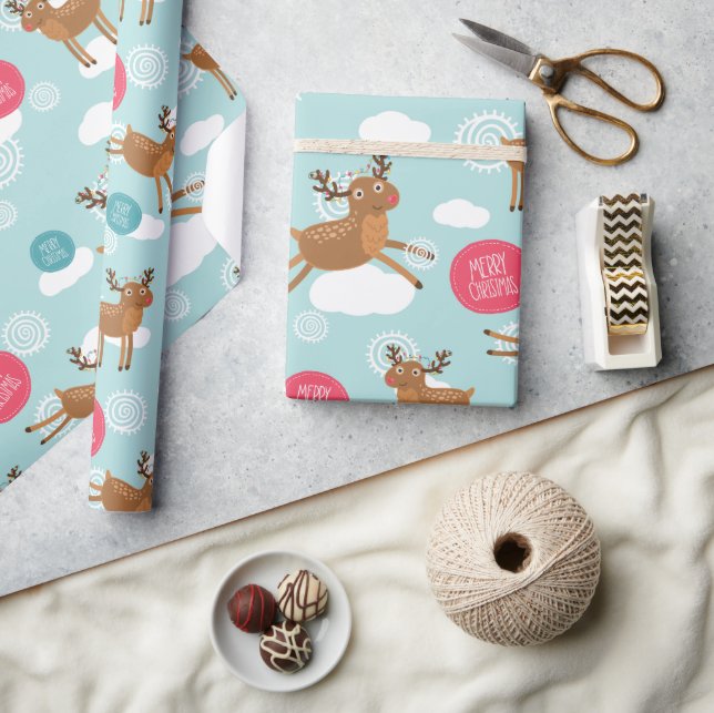 Frohe Weihnachtsprancing Rentier Wrapping Paper Geschenkpapier (Kunsthandwerk)