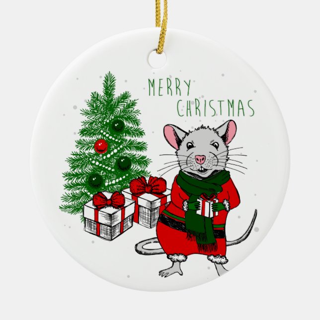 Frohe Weihnachtsratte Keramik Ornament (Vorne)