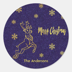 Frohe Weihnachtsrinder schneeblauer Glitzer Gold Runder Aufkleber