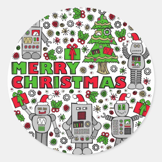 Frohe Weihnachtsroboter Runder Aufkleber (Vorderseite)
