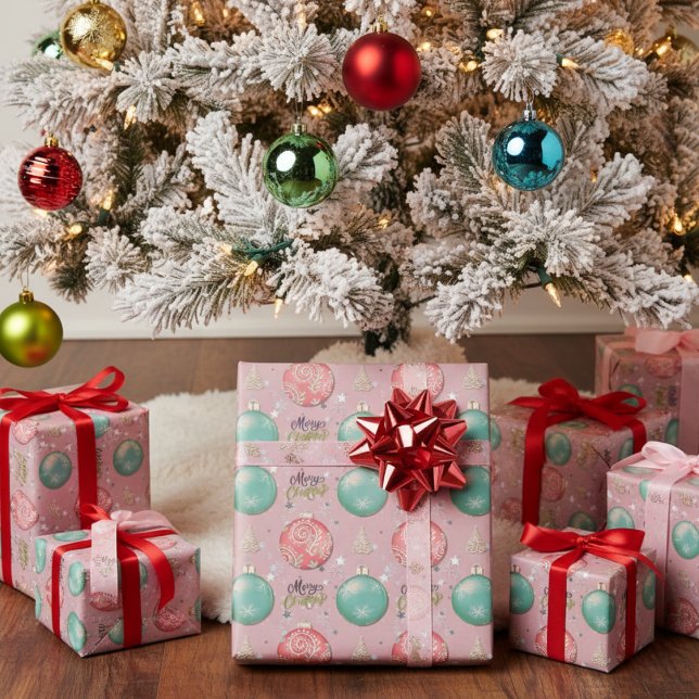Frohe Weihnachtsrosa und Aquamarine Ornamente Must Geschenkpapier (Von Creator hochgeladen)