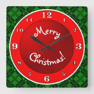 Frohe Weihnachtsrot in Grün Kariert Quadratische Wanduhr