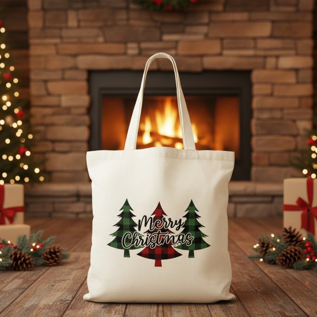 Frohe Weihnachtsrot und Grüne Buffalo Karierte Bäu Tragetasche (Merry Christmas Red and Green Buffalo Plaid Trees Tote Bag)