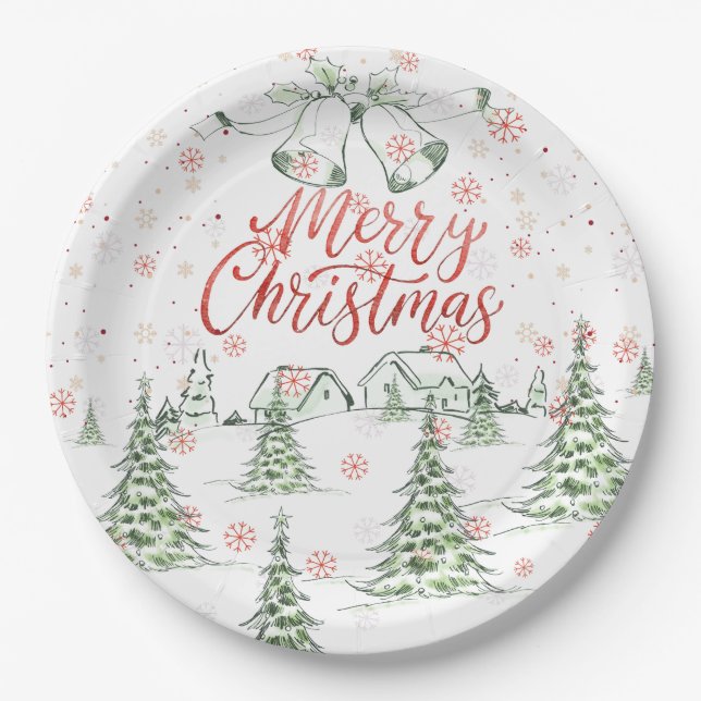 Frohe Weihnachtsrot und grüne Schneebäume Pappteller (Vorderseite)