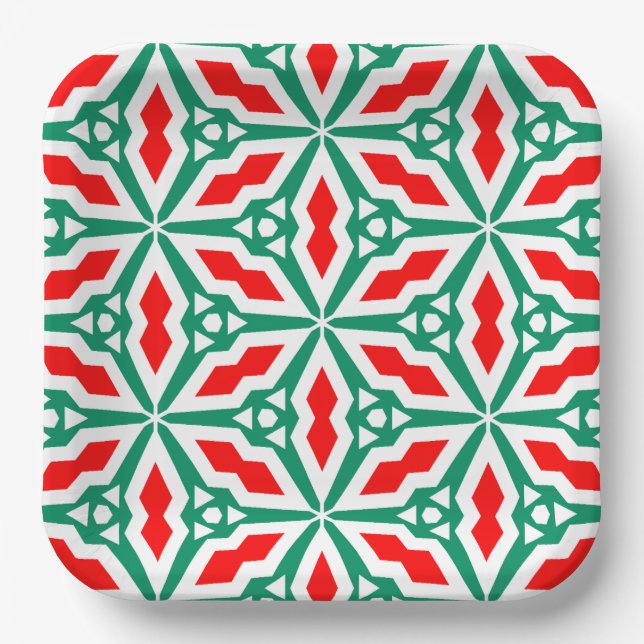 Frohe Weihnachtsrot und grüne Schneeflocke Pappteller (Vorderseite)