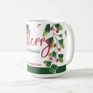 Frohe Weihnachtsrot und grüne Wasserfarbe Kaffeetasse