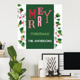 Frohe Weihnachtsrot und grüne Wasserfarbe Poster