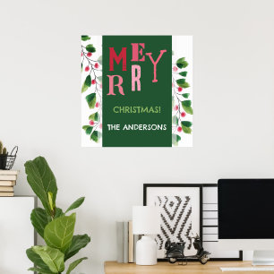 Frohe Weihnachtsrot und grüne Wasserfarbe Poster