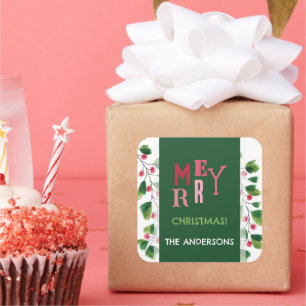 Frohe Weihnachtsrot und grüne Wasserfarbe Quadratischer Aufkleber
