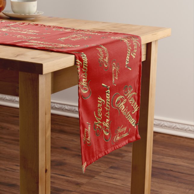 Frohe Weihnachtsrot und Imitate Gold Foil Typograf Großer Tischläufer (Beispiel)