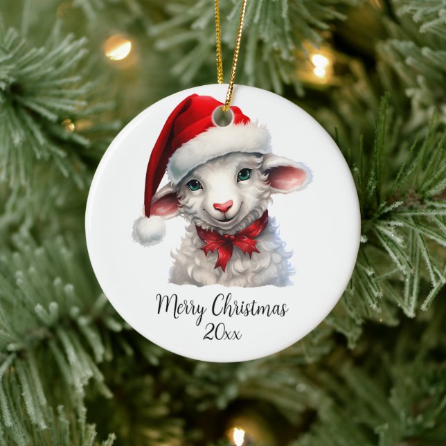 Frohe Weihnachtsschaf in Weihnachtsmannmütze Red B Keramik Ornament (Baum)