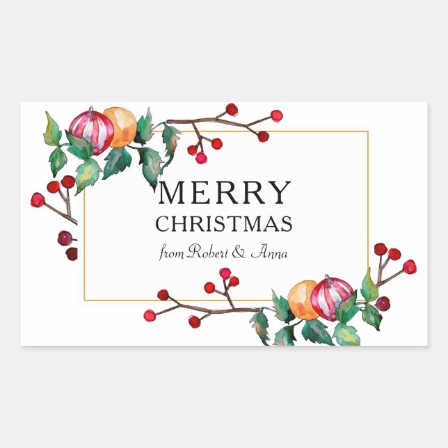 Frohe Weihnachtsschmuck und Beeren Goldrahmen Rechteckiger Aufkleber (Vorderseite)
