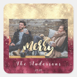 Frohe Weihnachtsschnee Confetti Burgundy Gold Foto Quadratischer Aufkleber