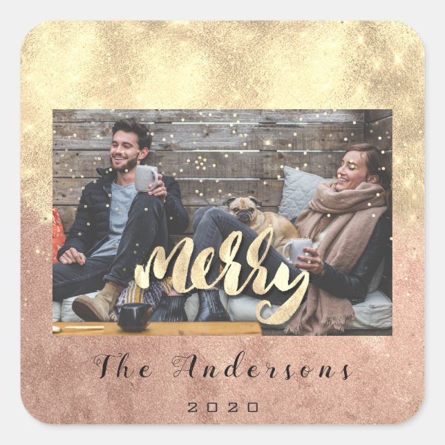 Frohe Weihnachtsschnee Confetti Rose Gold Foto Quadratischer Aufkleber (Vorderseite)