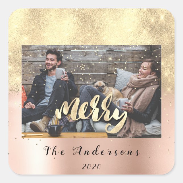 Frohe Weihnachtsschnee Confetti Rose Gold Foto Quadratischer Aufkleber (Vorderseite)