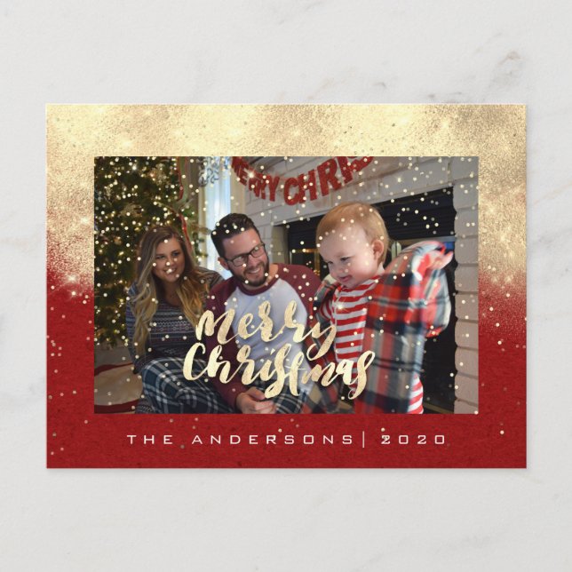 Frohe Weihnachtsschnee Red Gold Foto Glitzer Spark Postkarte (Vorderseite)
