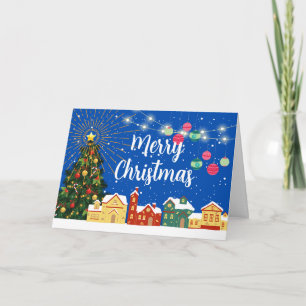Frohe Weihnachtsschneeanlage und dekorierter Baum Feiertagskarte