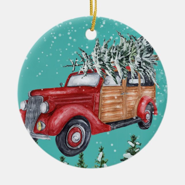 Frohe Weihnachtsschneefall Tree Van Keramik Orname Keramik Ornament (Vorne)