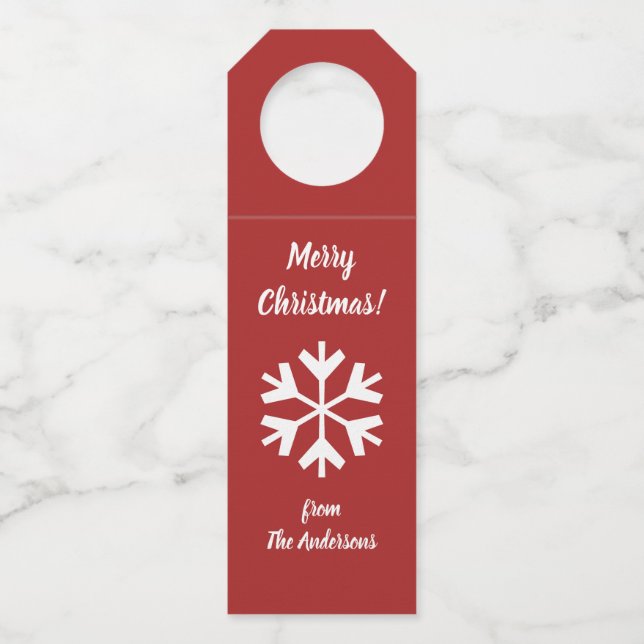 Frohe Weihnachtsschneeflocke Rot und Weiß Flaschenanhänger (Vorderseite)