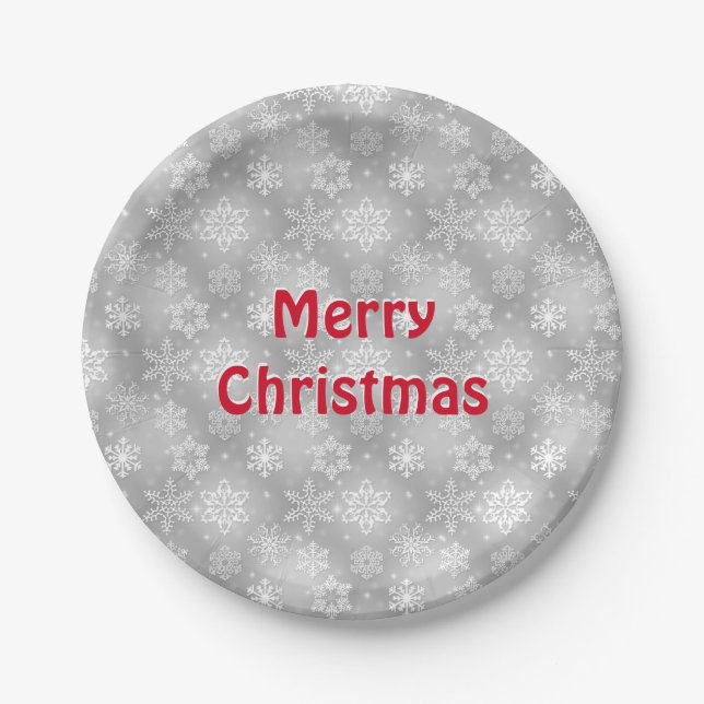 Frohe Weihnachtsschneeflocken auf grau Pappteller (Vorderseite)