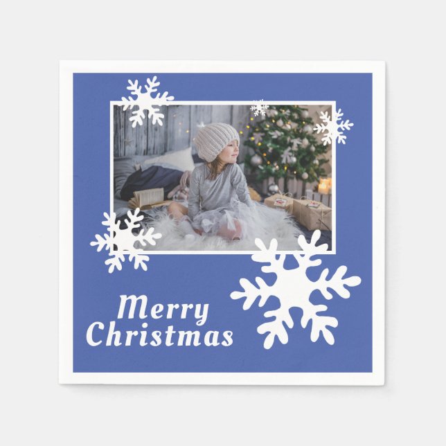 Frohe Weihnachtsschneeflocken Blue Family Foto Serviette (Vorderseite)
