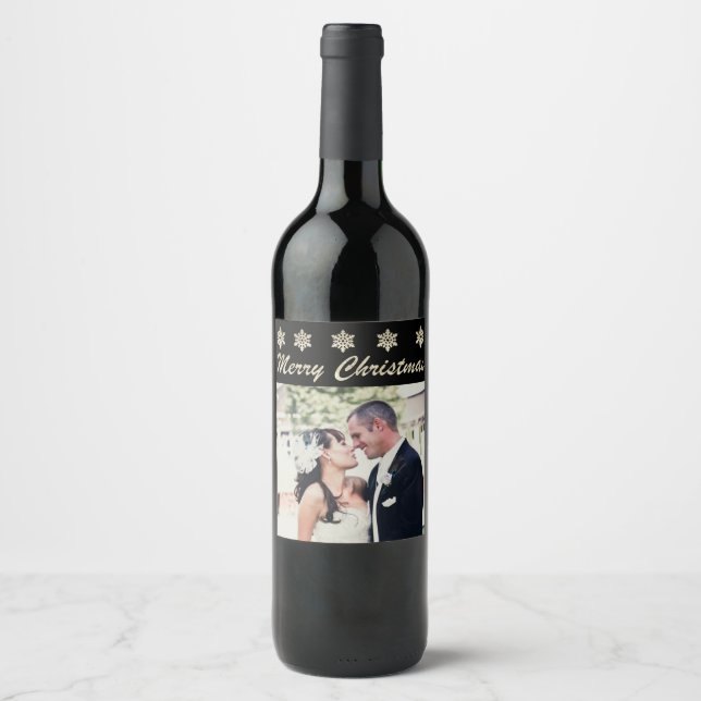 Frohe Weihnachtsschneeflocken Custom Foto Weinmark Weinetikett (Vorderseite)