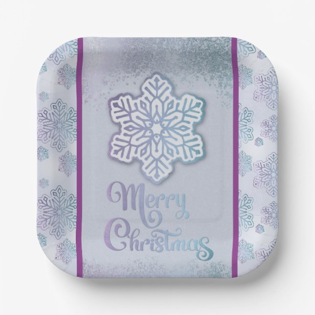 Frohe Weihnachtsschneeflocken Iridescent Blue Lila Pappteller (Vorderseite)