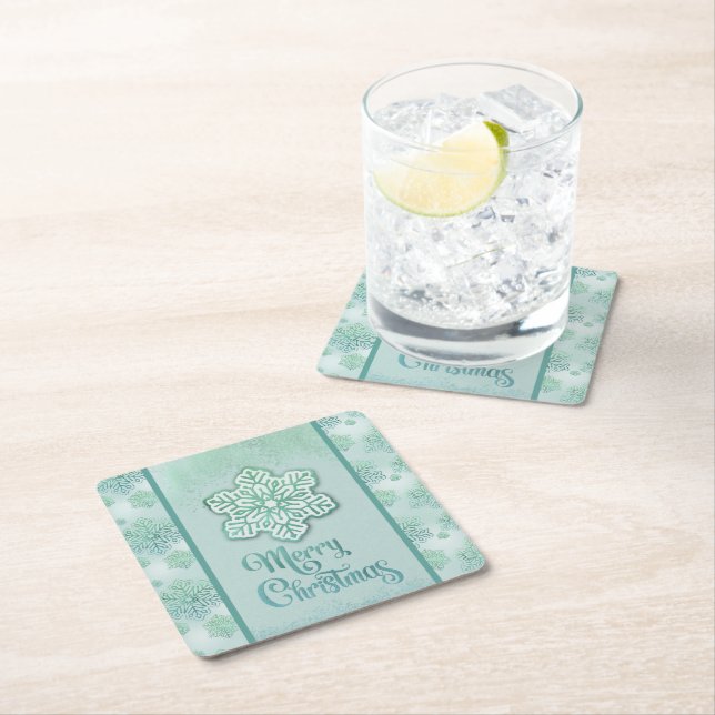 Frohe Weihnachtsschneeflocken Iridescent Green Rechteckiger Pappuntersetzer (Vor Ort)