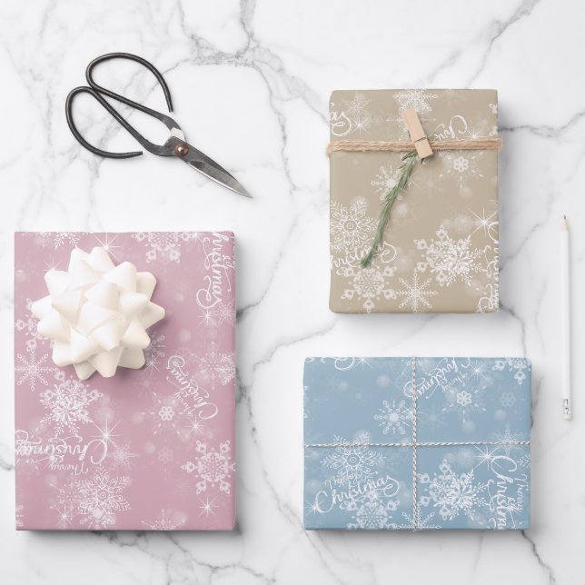 Frohe Weihnachtsschneeflocken Rosa Grußurlaub Geschenkpapier Set (Vorderseite)