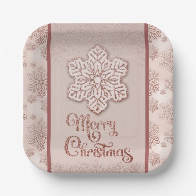 Frohe Weihnachtsschneeflocken Rose Gold Glitzer Pi Pappteller (Vorderseite)