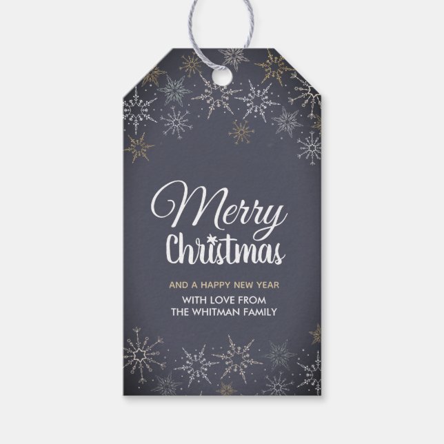 Frohe Weihnachtsschneeflocken Schiefergraue Holzko Geschenkanhänger (Vorderseite)