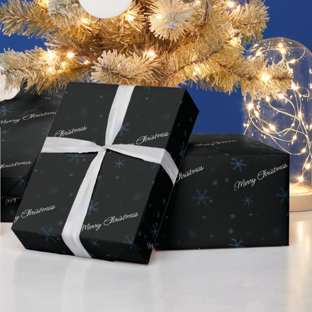 Frohe Weihnachtsschneeflocken Schwarz Geschenkpapier (Feiertage)