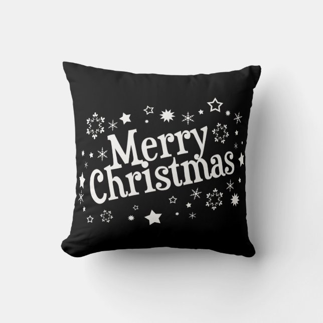 Frohe Weihnachtsschneeflocken Stars Schwarz Kissen (Vorderseite)