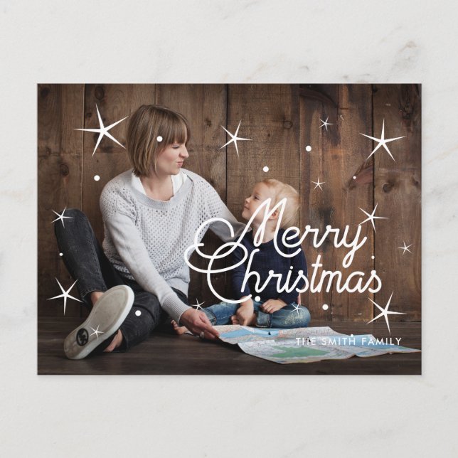Frohe Weihnachtsschneeflocken überlagern Foto Postkarte (Vorderseite)