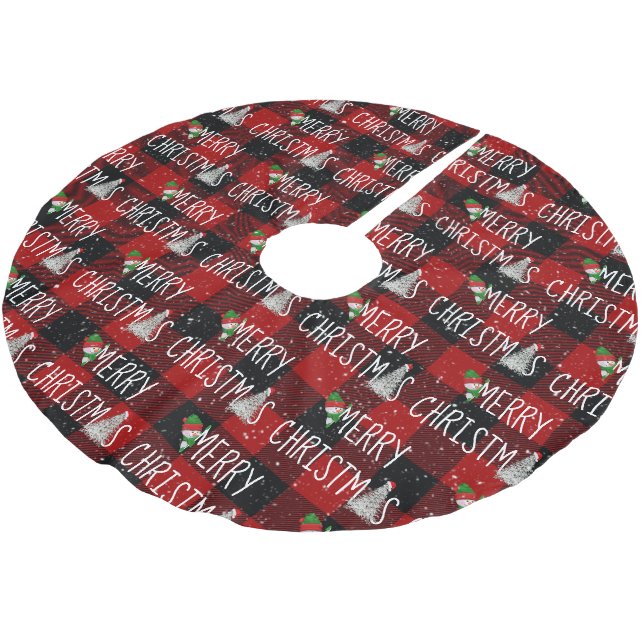 Frohe Weihnachtsschneemann auf Buffalo Kariert Polyester Weihnachtsbaumdecke (Schrägansicht)