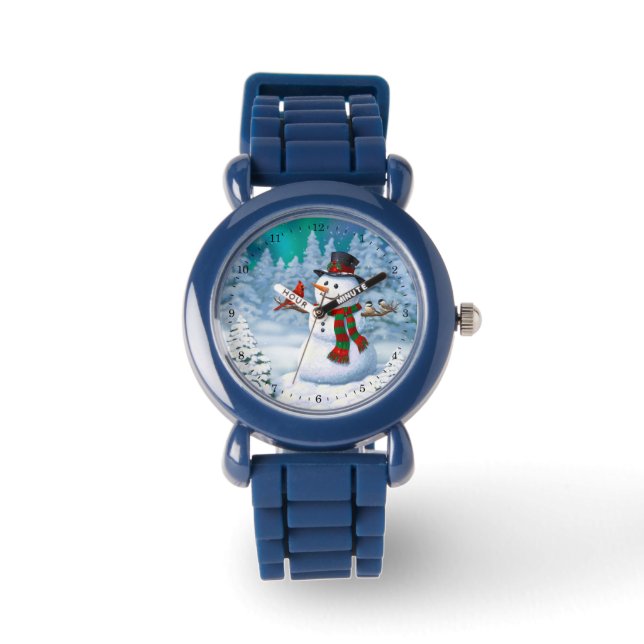 Frohe Weihnachtsschneemann & Birds Winterlandschaf Armbanduhr (Vorderseite)