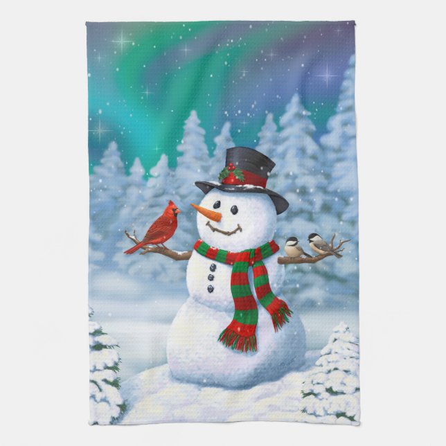 Frohe Weihnachtsschneemann & Birds Winterlandschaf Handtuch (Vertikal)