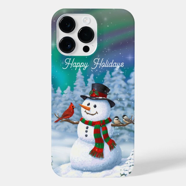 Frohe Weihnachtsschneemann & Birds Winterlandschaf iPhone 14 Pro Max Hülle (Rückseite)