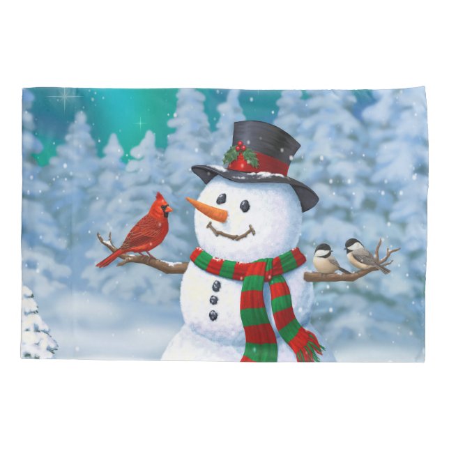 Frohe Weihnachtsschneemann & Birds Winterlandschaf Kissenbezug (Rückseite-Links)