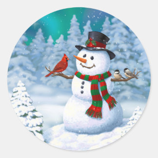 Frohe Weihnachtsschneemann & Birds Winterlandschaf Runder Aufkleber